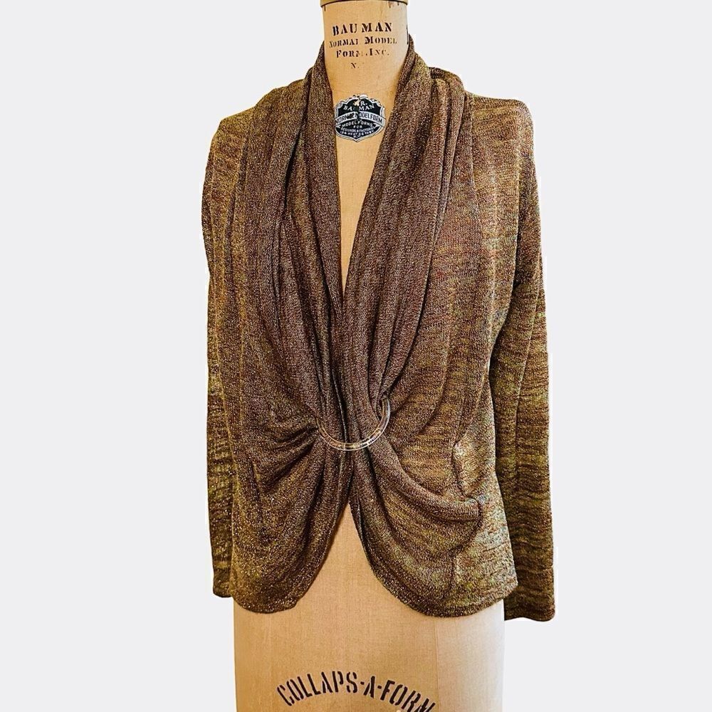 Y2K Unyx Brown sweater Twisted front metallic Gold fine knit top size medium